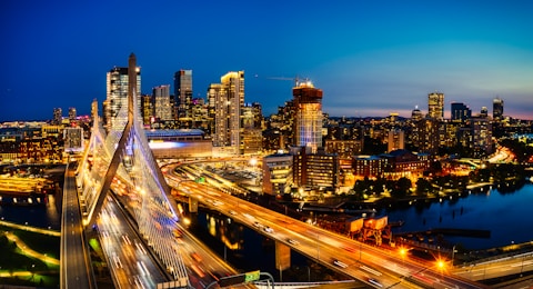 Massachusetts Boston city buildings during night time