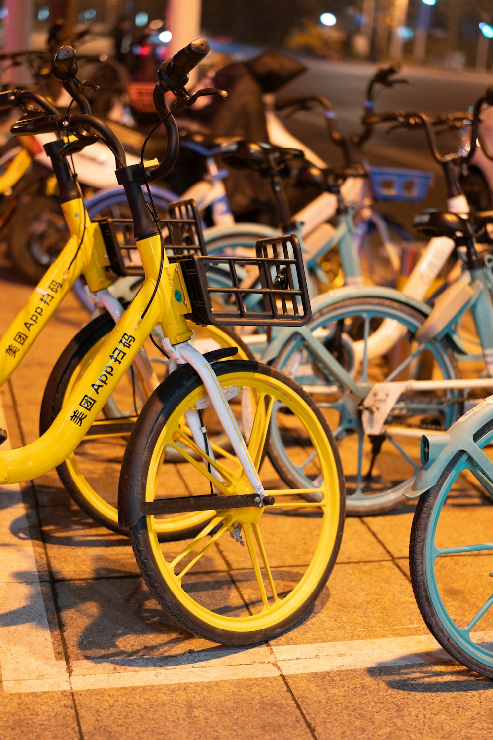 yellow and blue city bikes