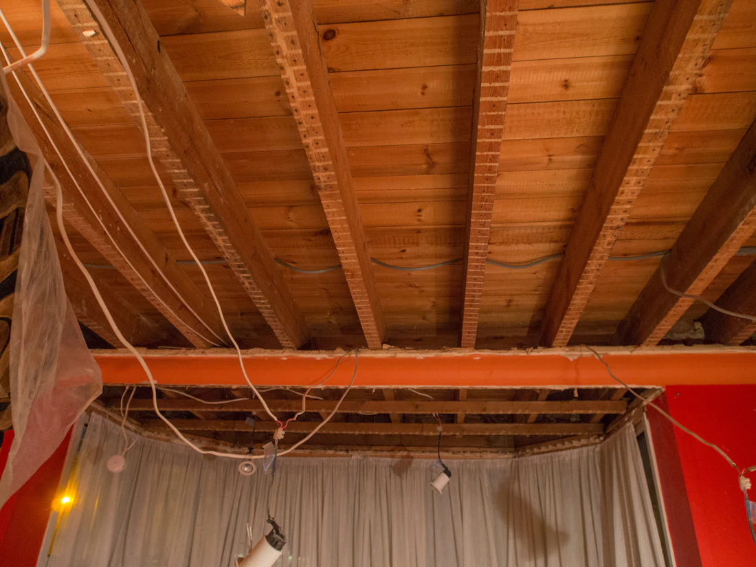Water stained ceiling and light fixture