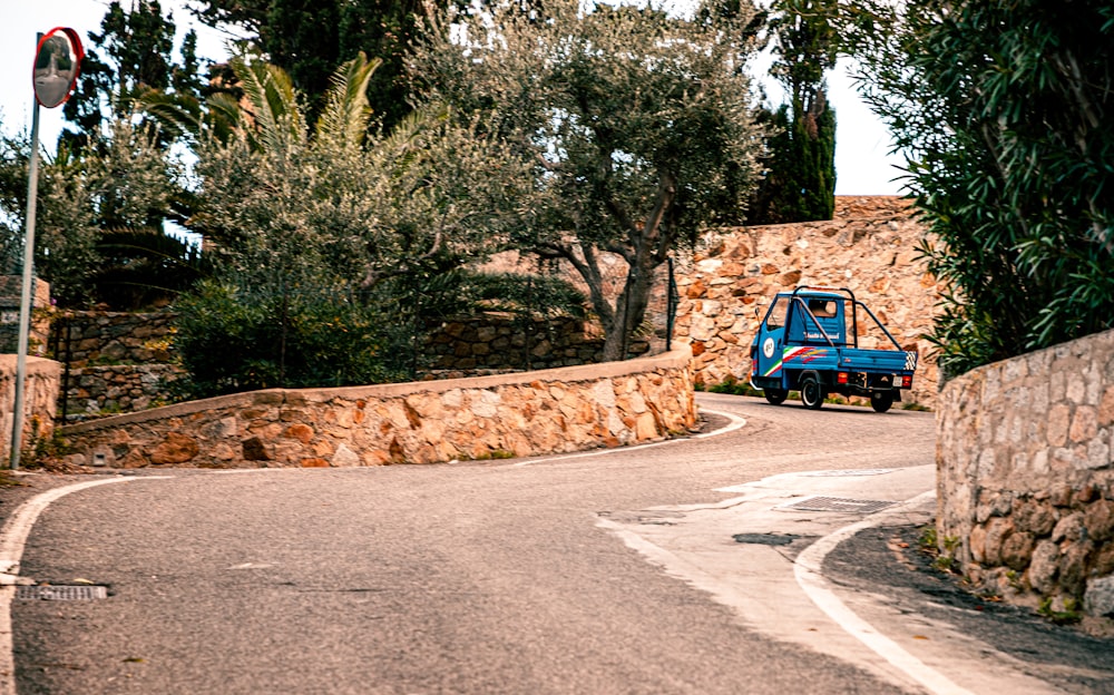 Camion blu sulla strada vicino all'albero marrone durante il giorno