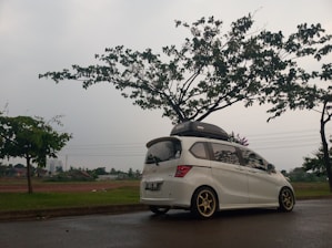 An empty plumbing van parked in a residential driveway under a cloudy sky.