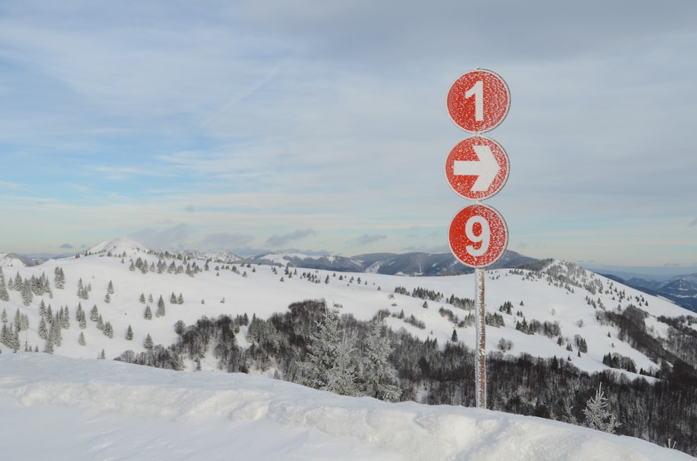 red and white stop sign on snow covered ground