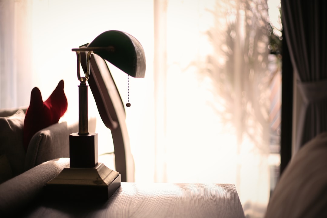 black and white table lamp on black book