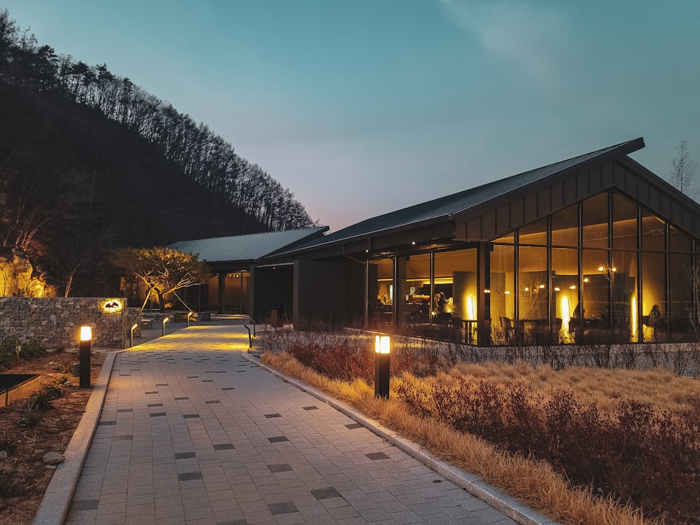 brown wooden building near trees during night time