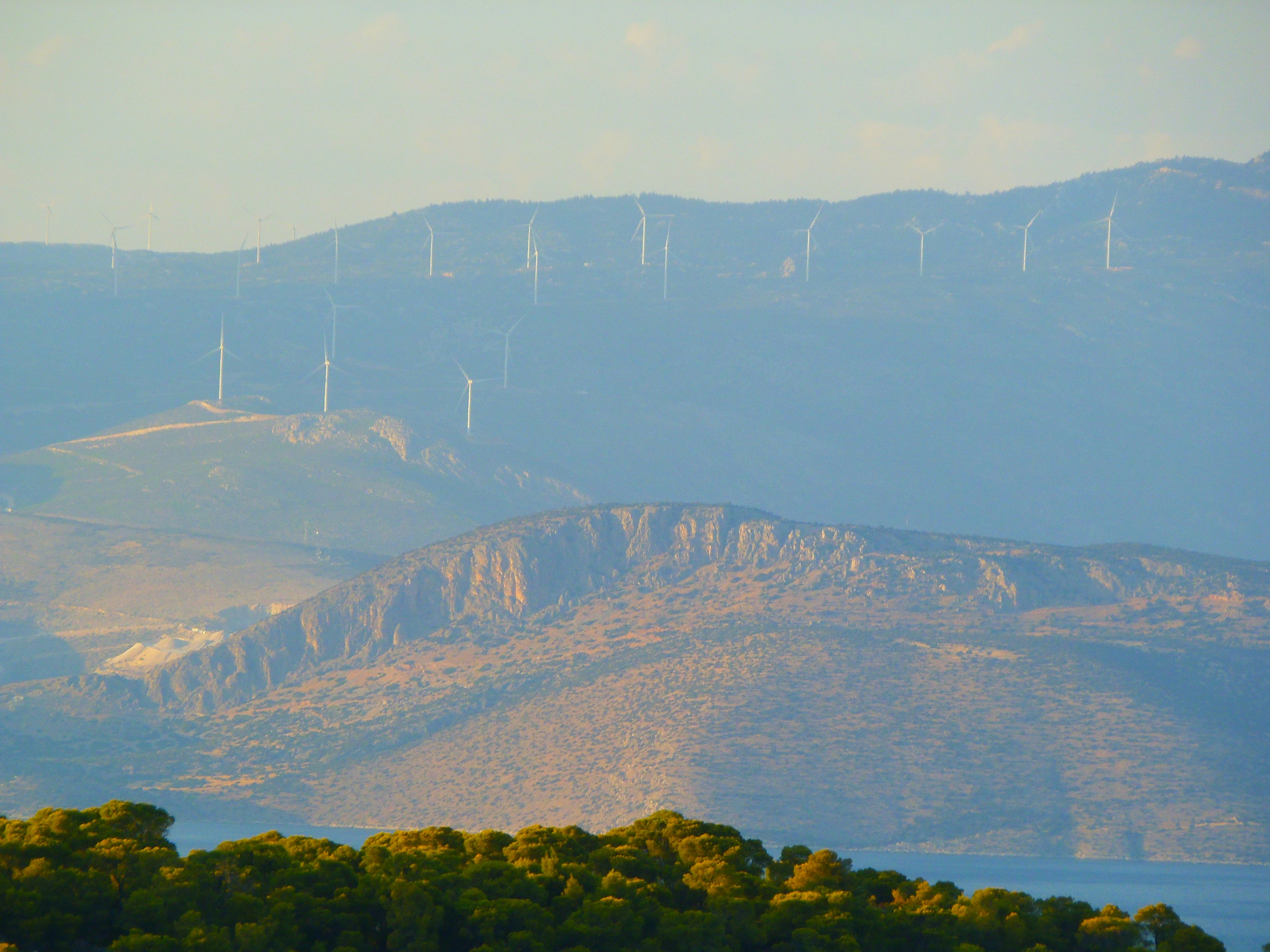 Wind park in Central Greece, looking over the Corinthian Gulf, Greece.