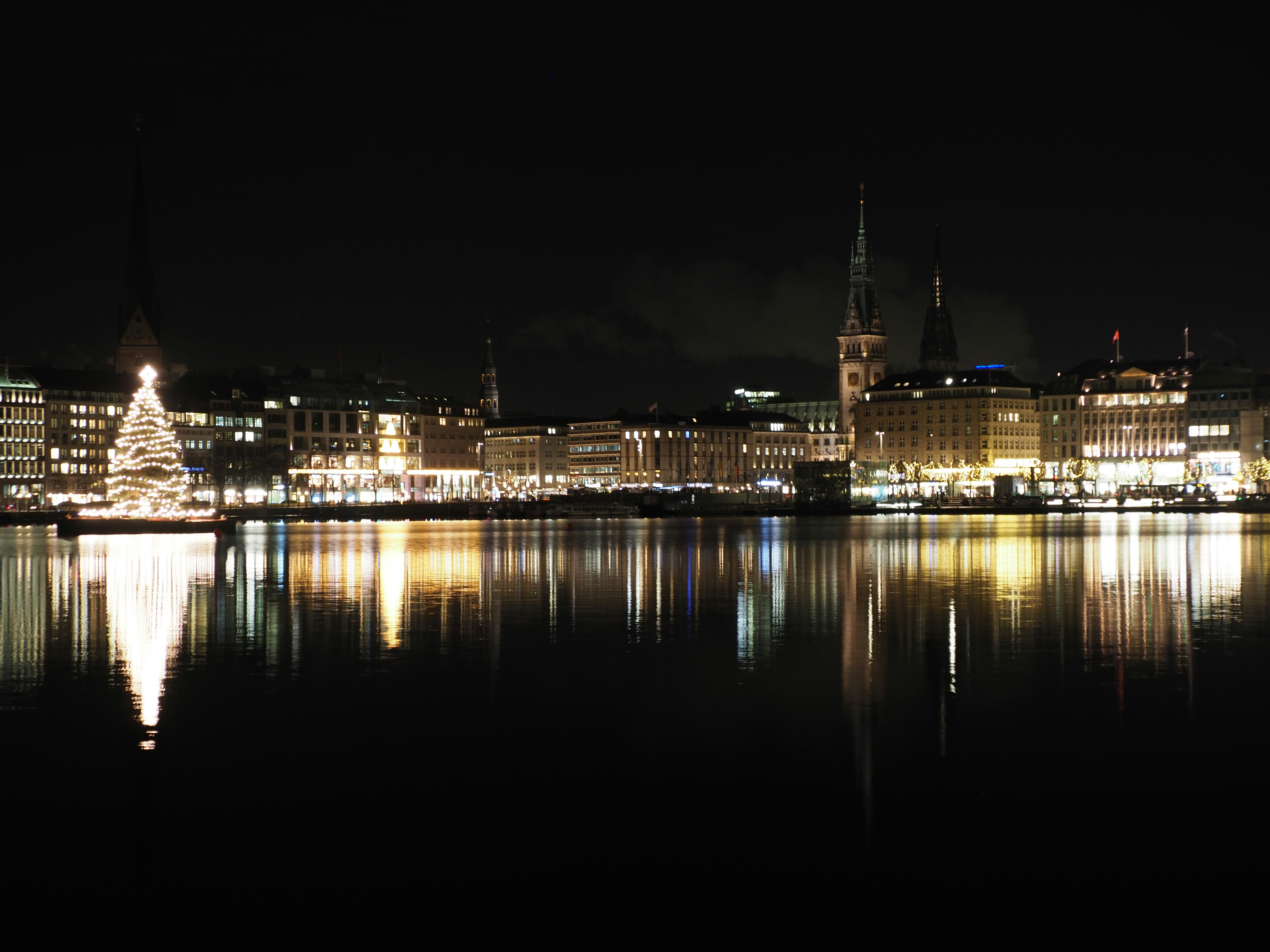 city skyline during night time