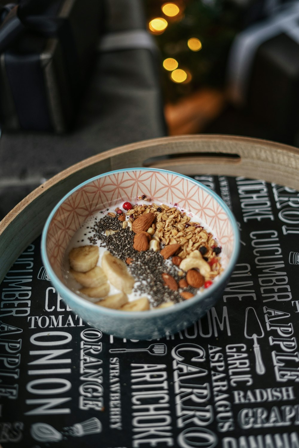 white and blue ceramic bowl with food