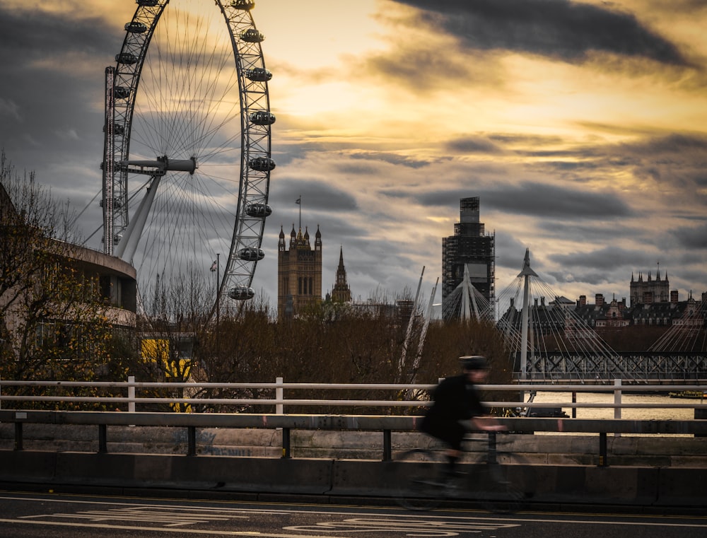 people walking on park near ferris wheel during sunset