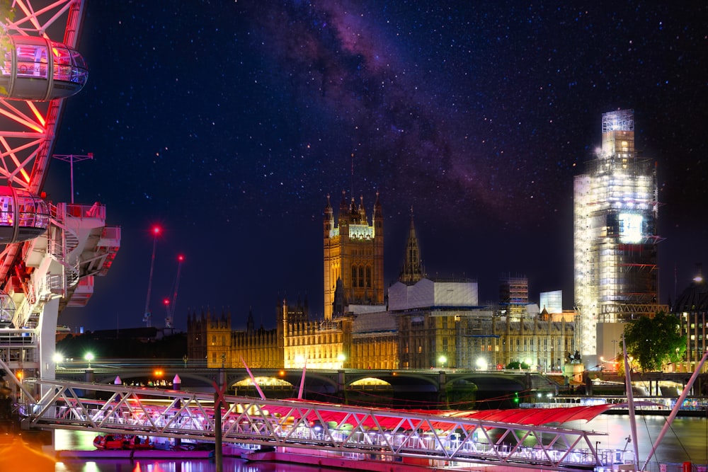 city skyline during night time