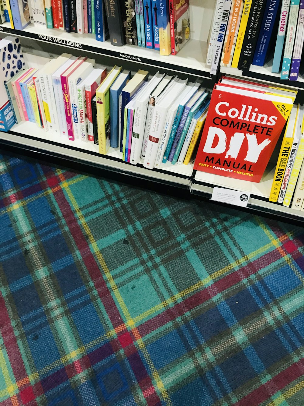 books on white wooden shelf