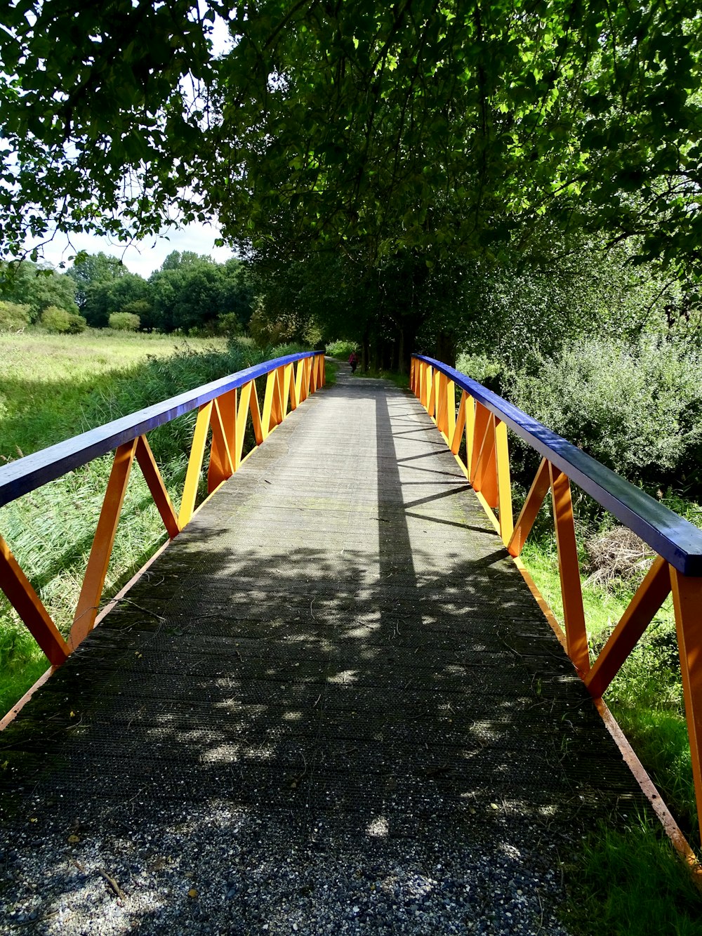 brown wooden bridge in between green trees during daytime