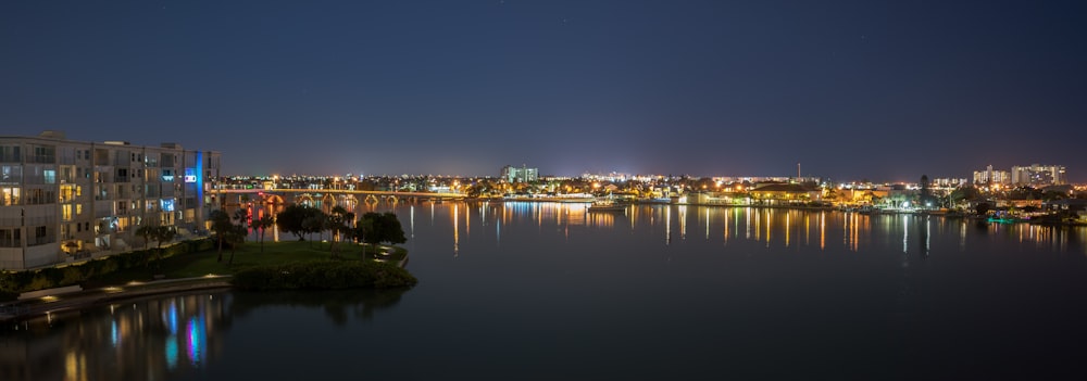 city skyline during night time