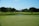 A golf course with a putting green in the foreground, marked by a flag pole featuring a blue and white checkered flag. A lush expanse of green grass and a series of trees line the field, with a clear blue sky overhead.