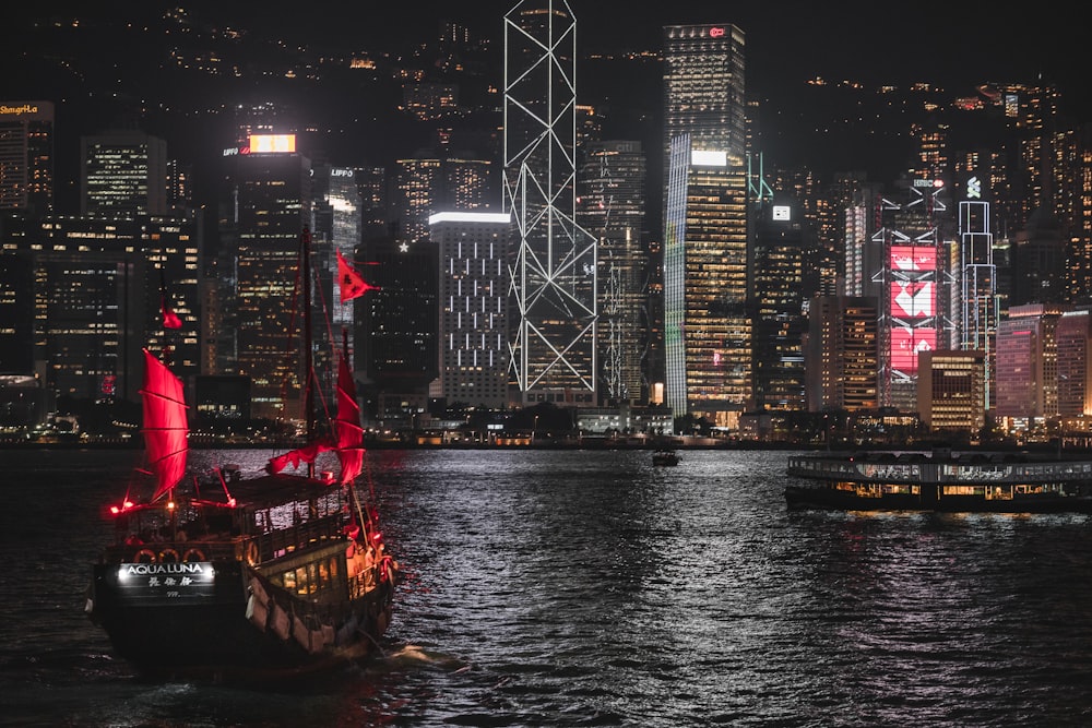 city skyline during night time