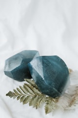 Two large, faceted dark teal crystals are placed on a light background alongside a fern leaf. The crystals have a glossy texture, and the leaf adds a natural element to the composition.