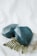 Two large, faceted dark teal crystals are placed on a light background alongside a fern leaf. The crystals have a glossy texture, and the leaf adds a natural element to the composition.