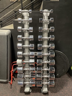 Rows of shiny chrome dumbbells are neatly arranged on two vertical racks in a gym setting. The background features a black wall with a perforated metal stair railing on the left side.