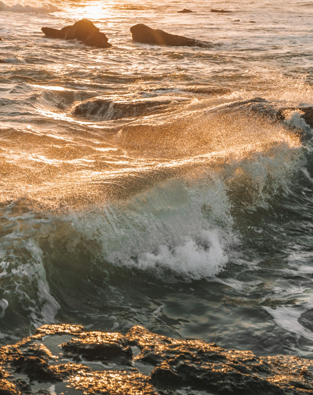 vagues d’eau frappant les roches brunes pendant la journée