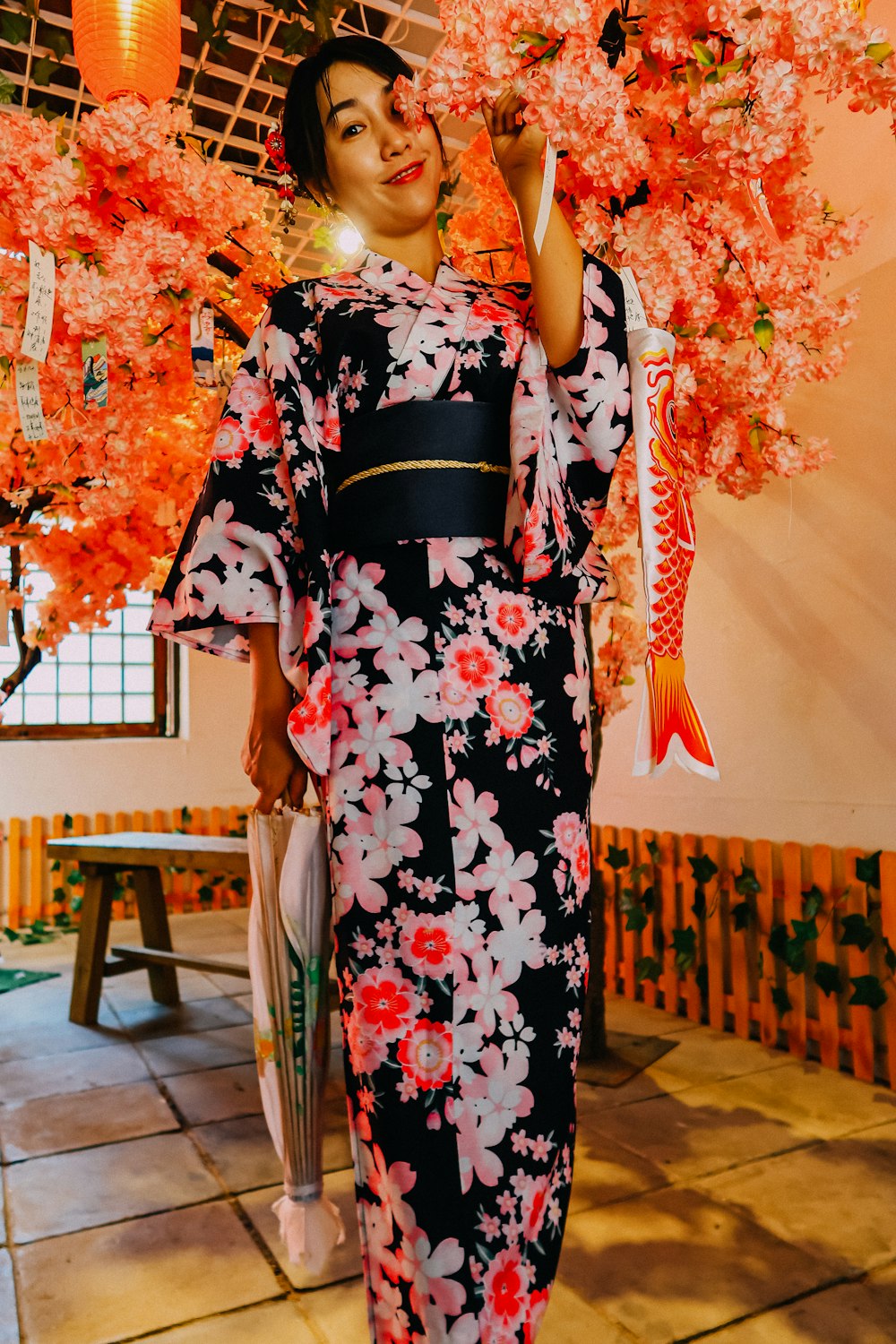 black red and white floral kimono