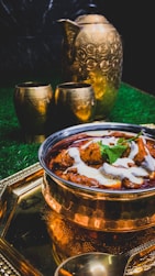 brown and white food on brown round plate
