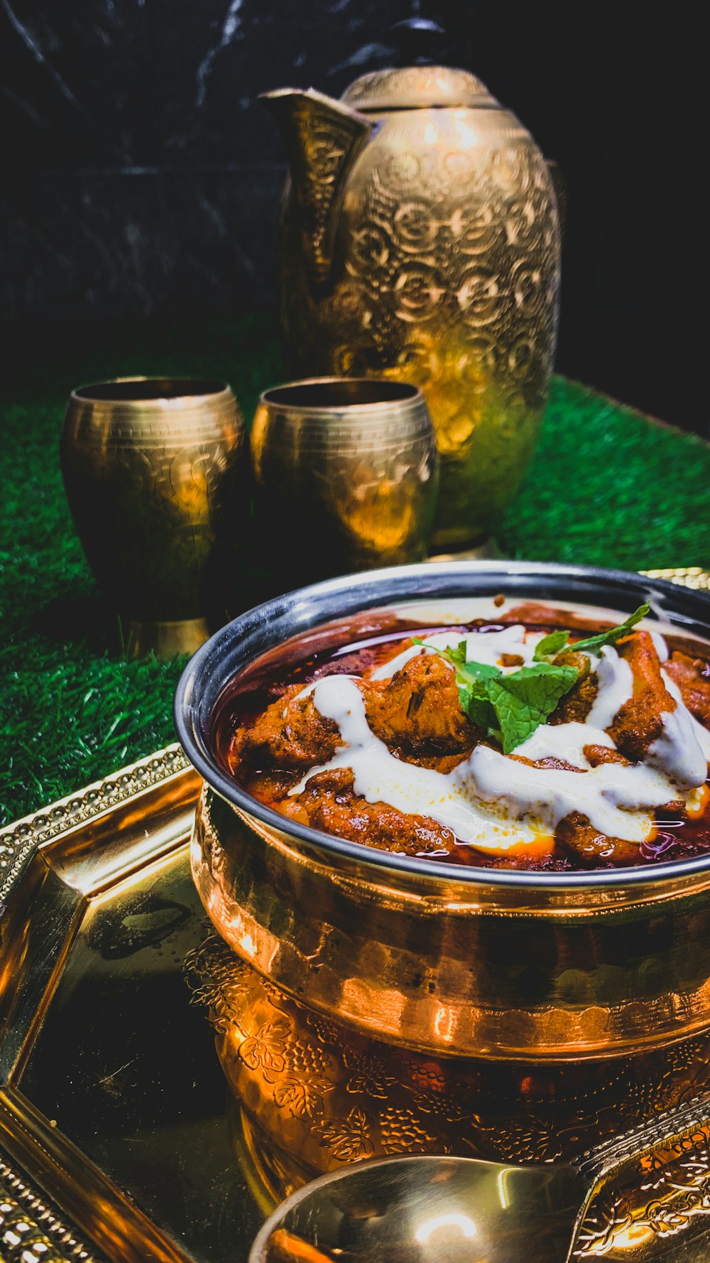 brown and white food on brown round plate