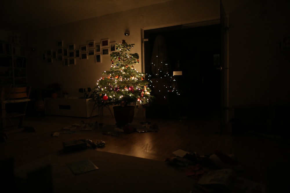 green christmas tree with string lights turned on in room