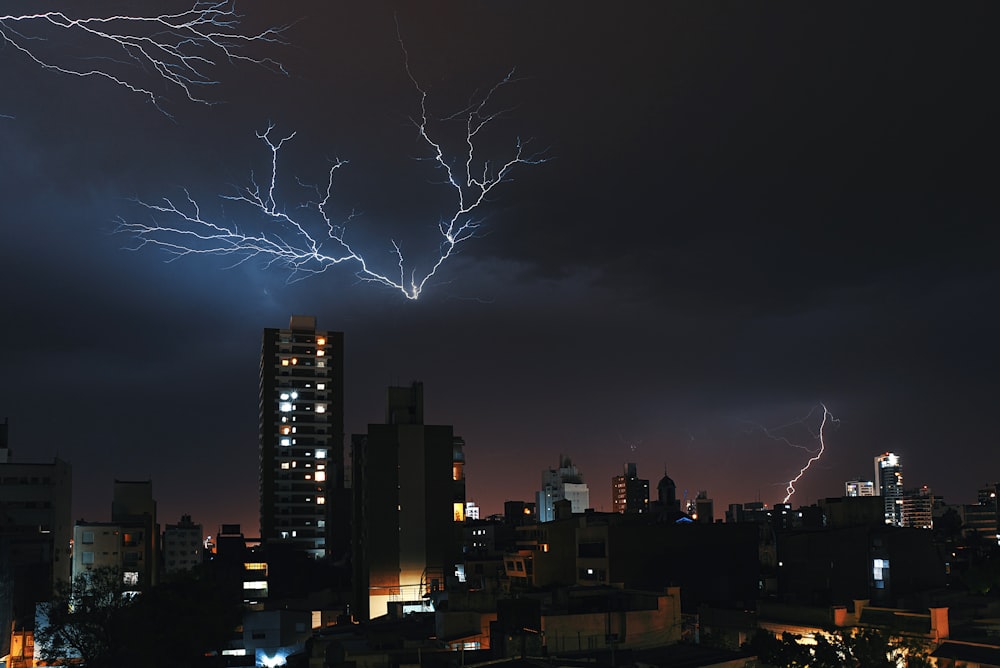 city skyline during night time