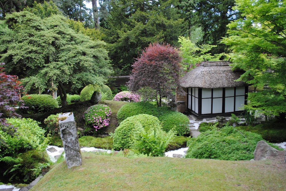 brown wooden house surrounded by green and purple plants and trees during daytime