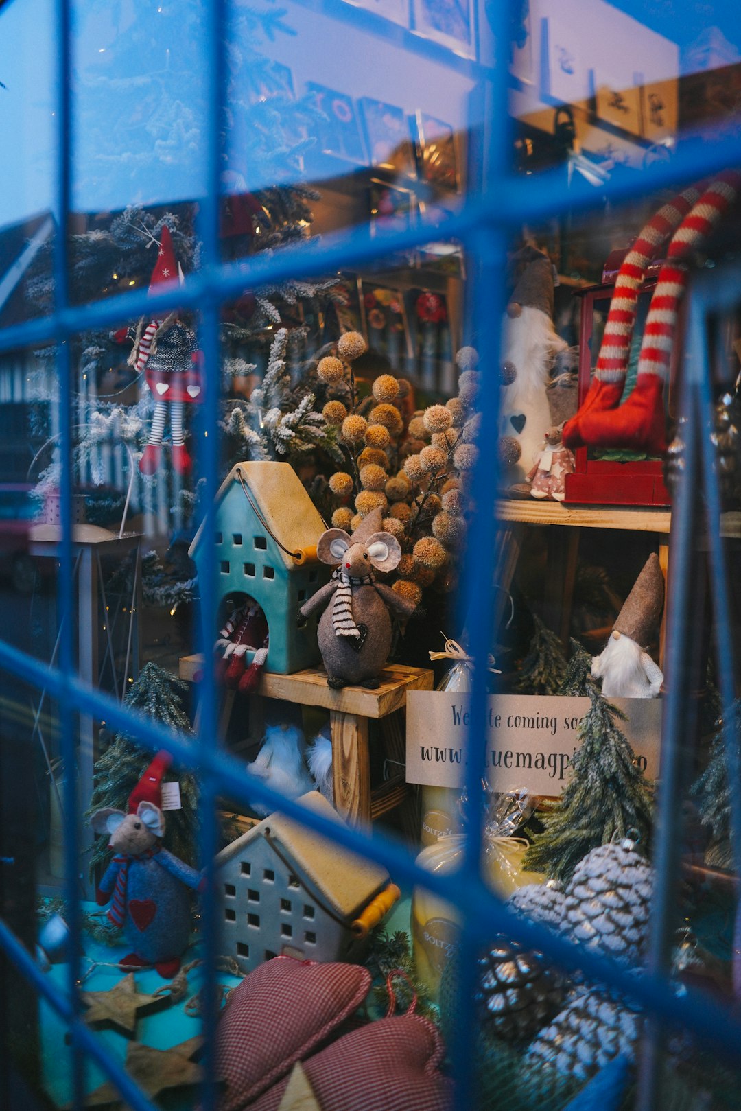 blue and white metal cage