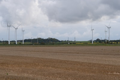 A wide open field with several large wind turbines scattered across the background. The sky is overcast with dense, grey clouds. The landscape is a mix of flat brown fields and green patches, likely crops or grass. Electricity poles and lines are visible running parallel to the turbines, indicating a rural setting.