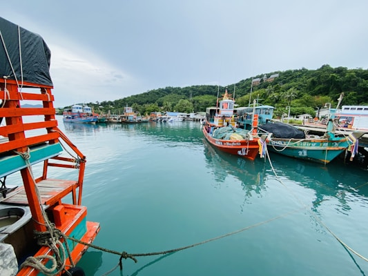 Fishing boats are docked at a serene harbor with calm turquoise waters and lush green hills in the background. The scene includes colorful vessels, with some ropes tied to the docks, and small structures along the shoreline.