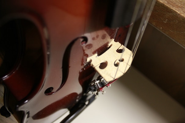 A close-up view of a violin, focusing on the bridge and the f-holes. The instrument's strings are visible, and the polished wood reflects a rich brown color. The lighting creates subtle shadows, emphasizing the craftsmanship of the violin.