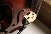 A close-up view of a violin, focusing on the bridge and the f-holes. The instrument's strings are visible, and the polished wood reflects a rich brown color. The lighting creates subtle shadows, emphasizing the craftsmanship of the violin.