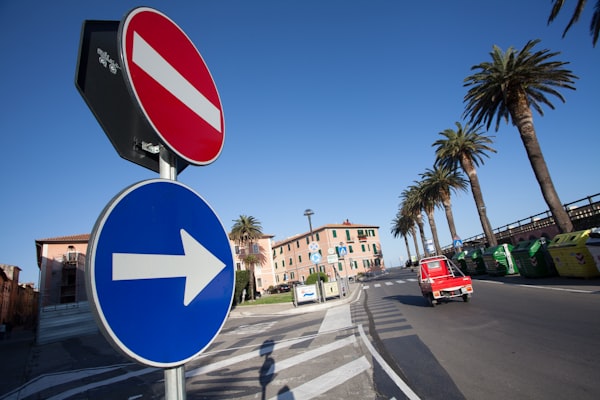 two circular road signs—one red with a white bar, one blue with a right-facing arrow—next to a road lined with palm trees