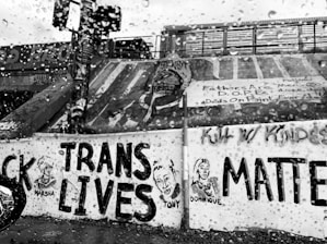 A black and white image displays a wall with various graffiti and murals. The prominent message reads 'TRANS LIVES MATTER' with illustrations of individuals labeled 'Marsha,' 'Tony,' and 'Dominique.' The surface is wet with rain droplets visible on the camera lens, adding a textured effect. Other writings can be seen on the wall, emphasizing messages of empowerment and social justice.