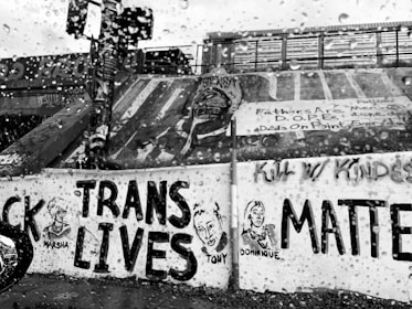 A black and white image displays a wall with various graffiti and murals. The prominent message reads 'TRANS LIVES MATTER' with illustrations of individuals labeled 'Marsha,' 'Tony,' and 'Dominique.' The surface is wet with rain droplets visible on the camera lens, adding a textured effect. Other writings can be seen on the wall, emphasizing messages of empowerment and social justice.