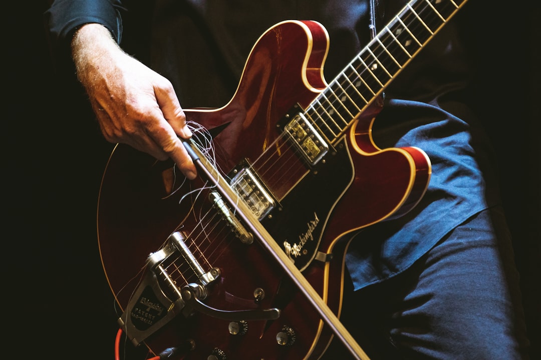 person playing brown and black electric guitar