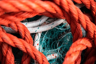 Interwoven ropes of various colors and textures. Thick orange ropes are primarily in the foreground, while white ropes with colored specks and thin blue-green nets are tangled together in the background.