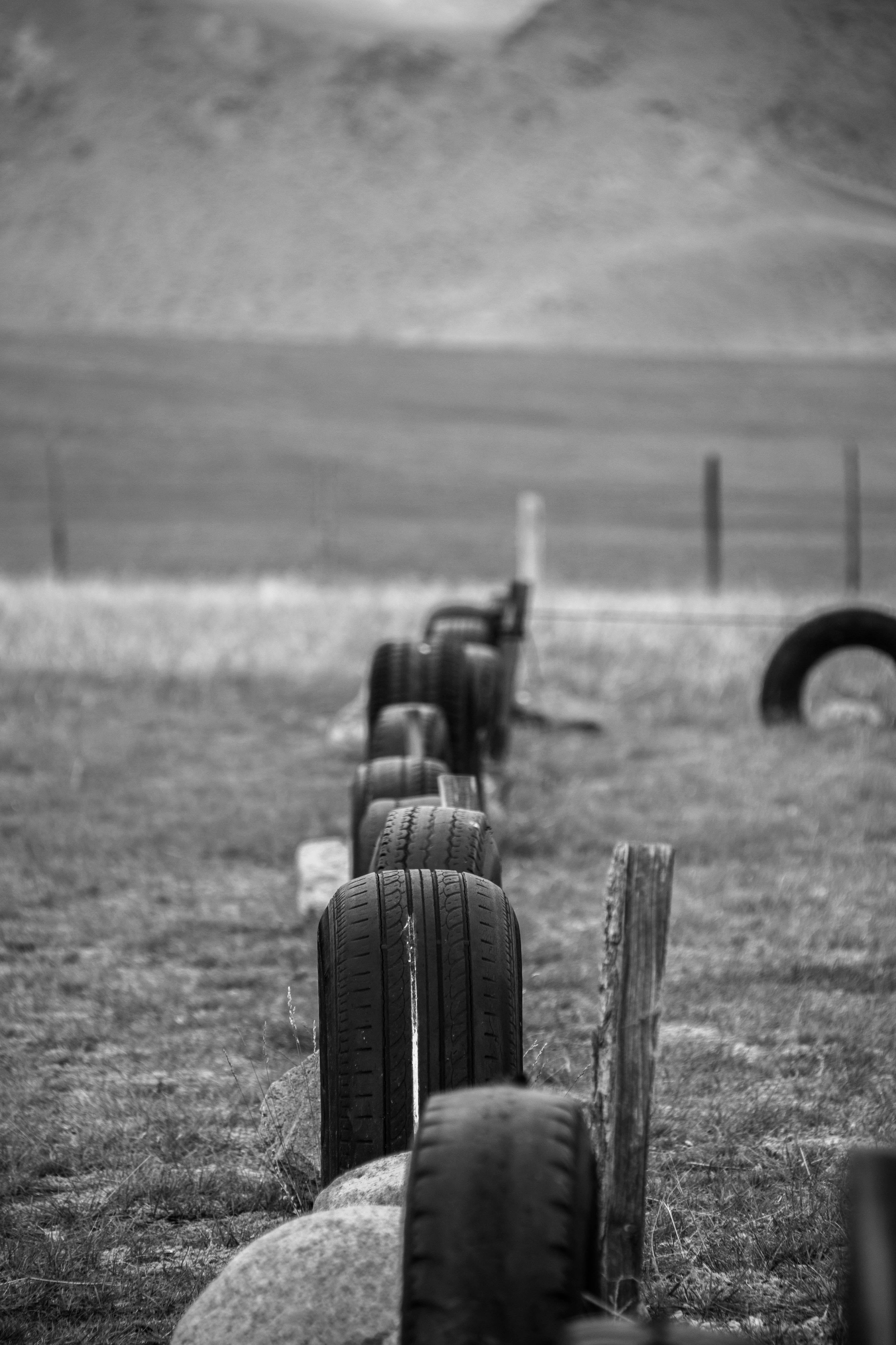 grayscale photo of wooden fence on grass field