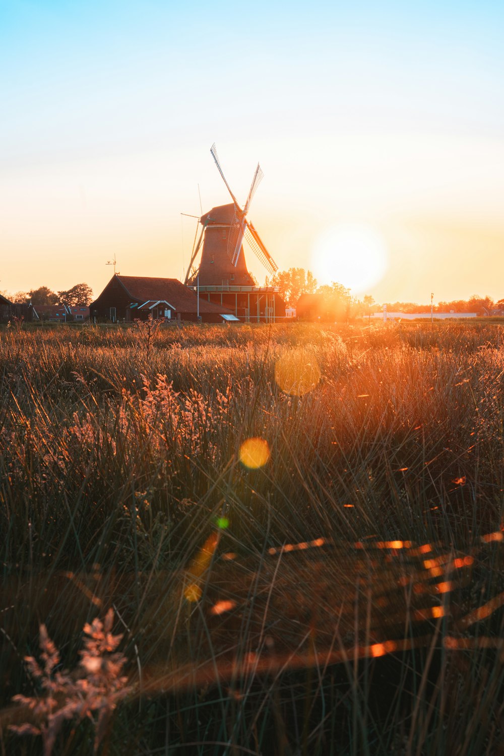 brown and black windmill during sunset