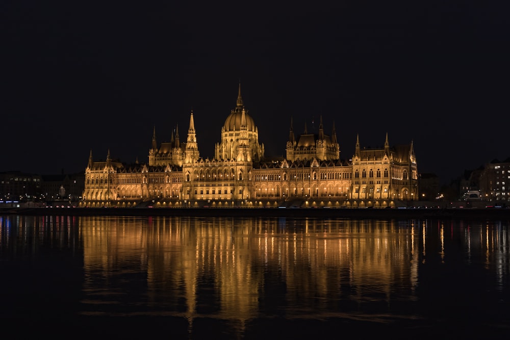 brown concrete building near body of water during night time