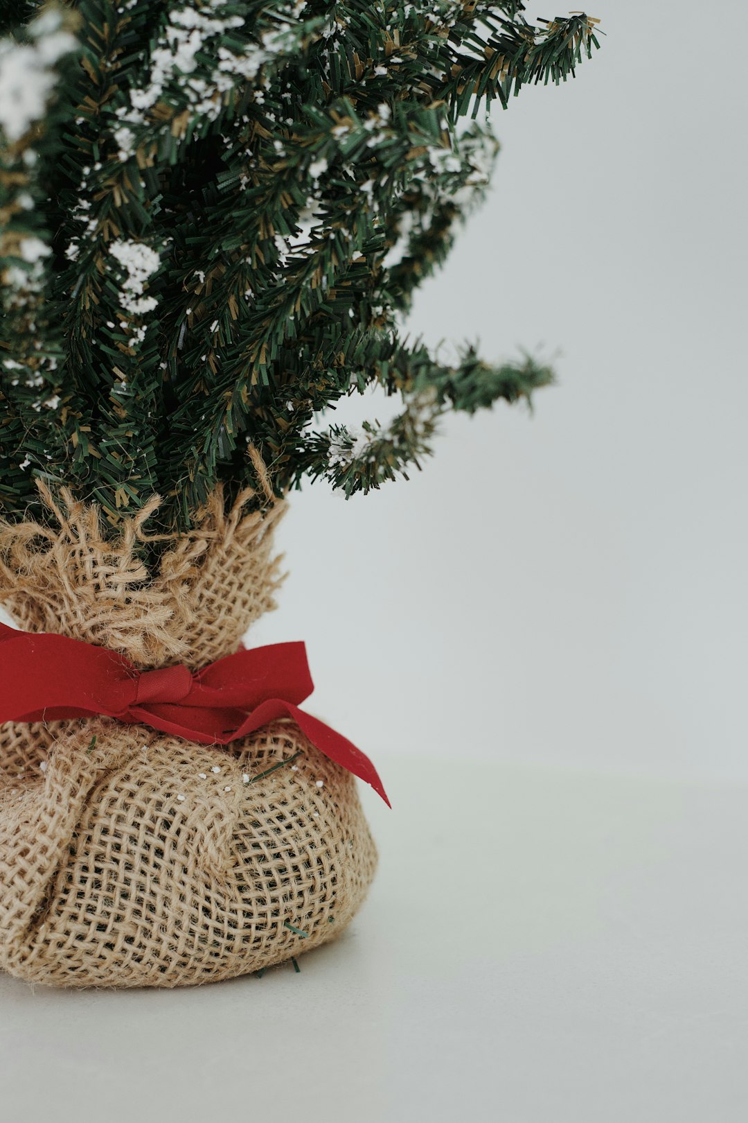 green christmas tree with red ribbon