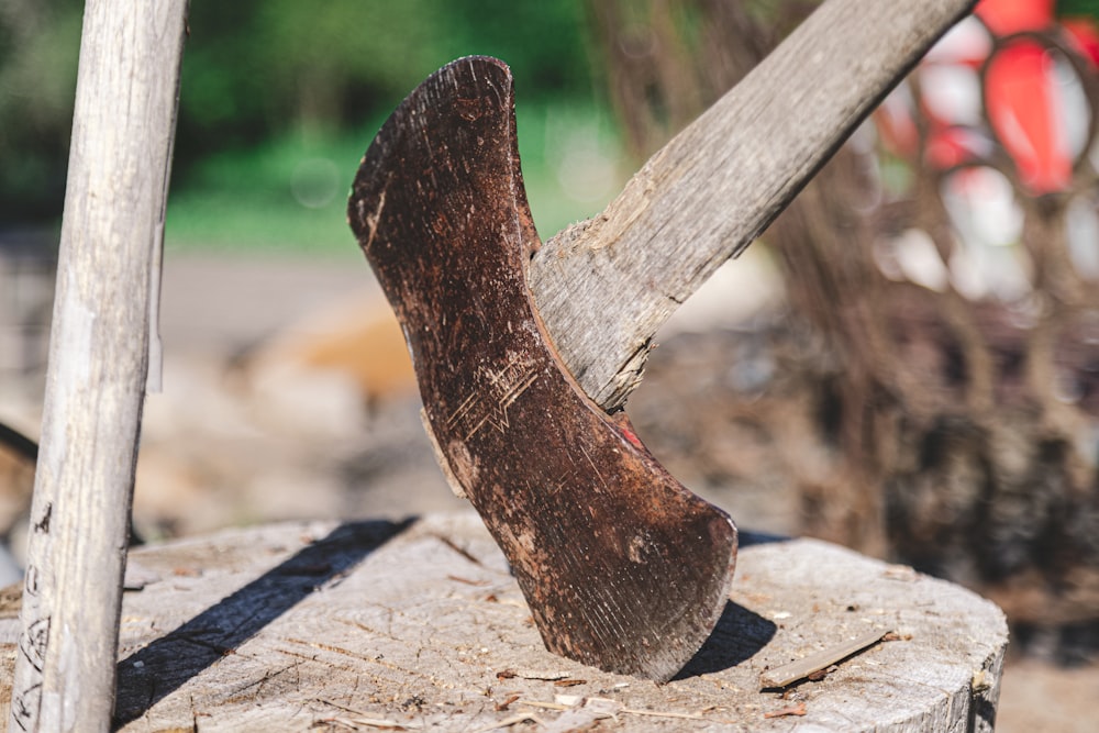 Una vecchia scarpa è seduta su un pezzo di legno