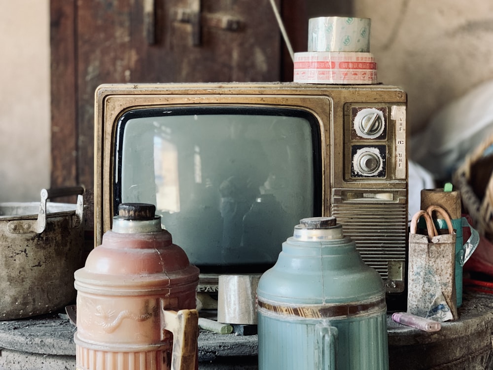 vintage brown crt tv on brown wooden table