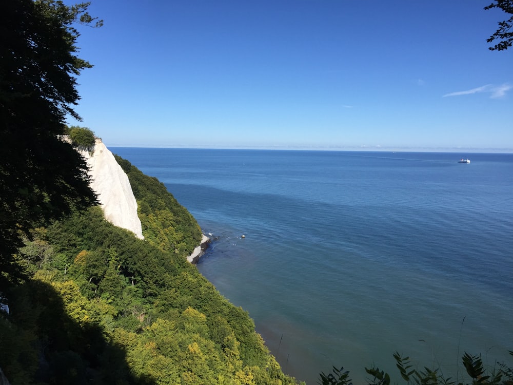 green grass covered mountain beside blue sea under blue sky during daytime