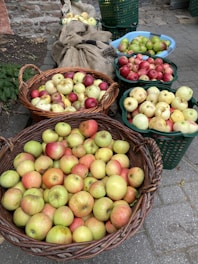 Several baskets and buckets filled with apples are arranged on a cobblestone surface. The apples vary in color from green to red, showcasing a fresh harvest. Behind the baskets, there are burlap sacks also containing apples. The setup is outdoors, against a rustic brick wall, conveying a rural or farm-like setting.