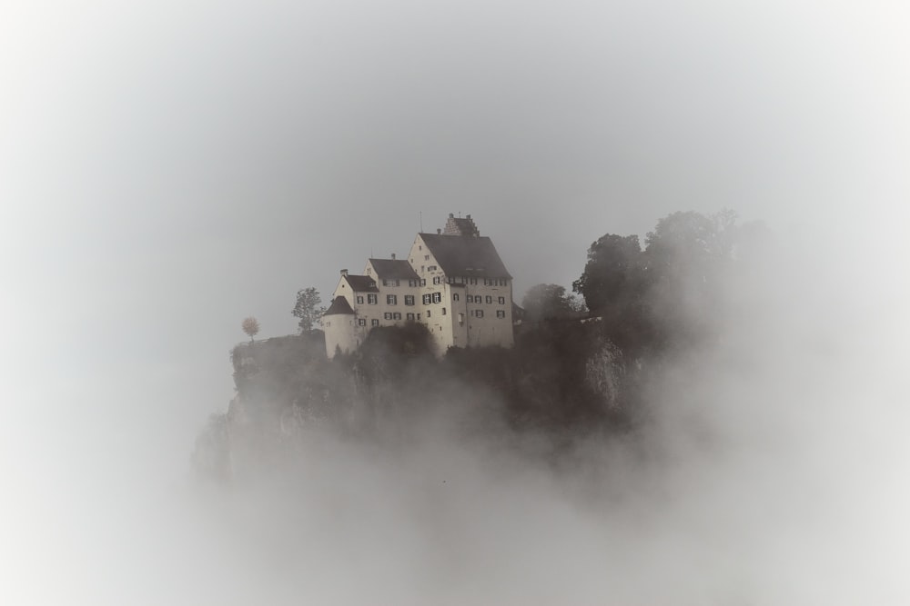 green and white castle covered with fog