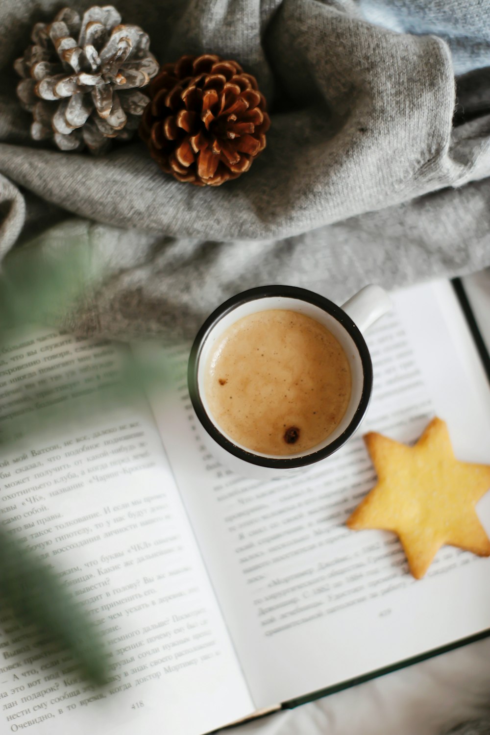 white ceramic mug with coffee beside orange star fish