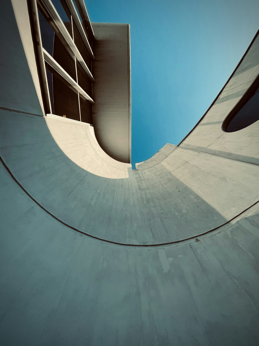 blue and white spiral stairs