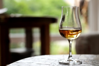 A clear glass with golden-brown liquid sits on a table with a blurred background of greenery visible through a window. The focus is on the elegant shape and reflective quality of the glass.